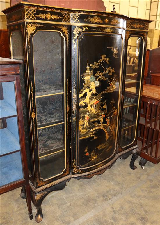 A 1920s chinoiserie lacquer bow front display cabinet, W.130cm, D.46cm, H.165cm